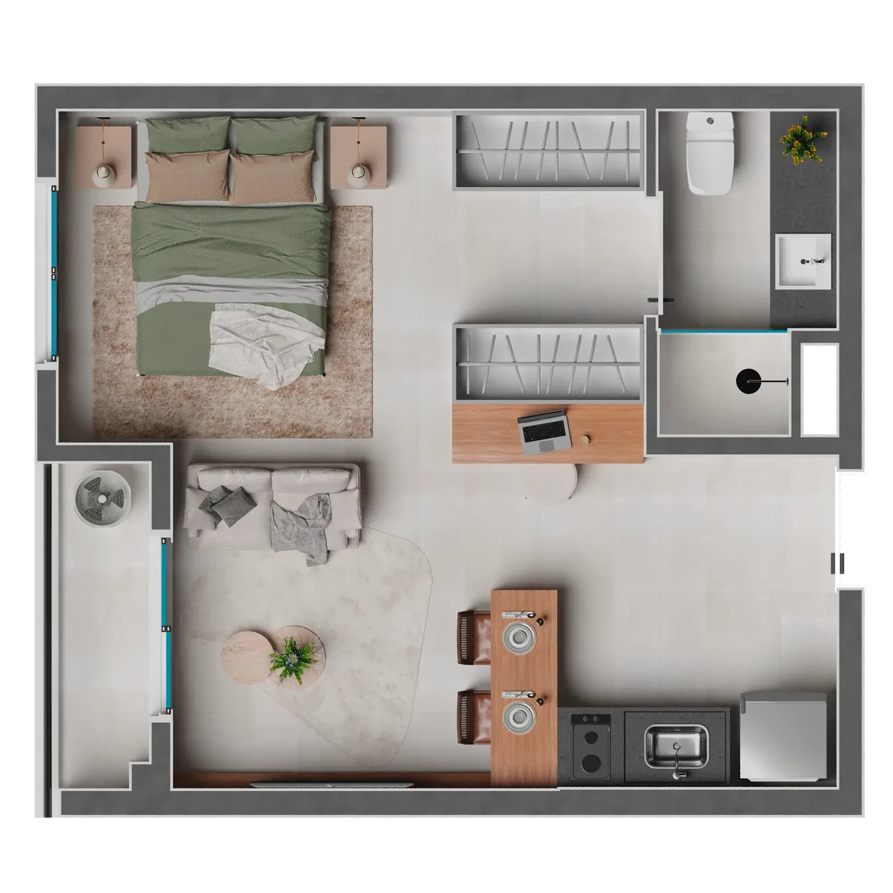 Planta do apartamento de 33 m² do Ferreira Liv