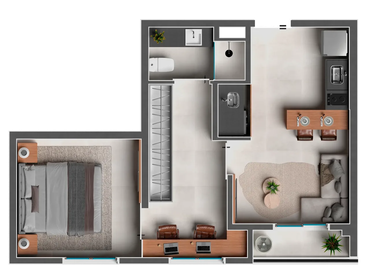 Planta do apartamento de 45 m² do Ferreira Liv